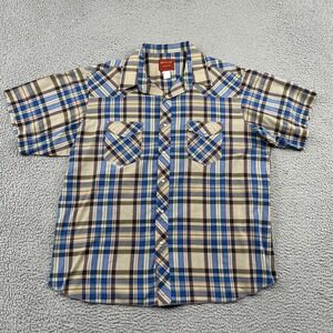 Rustler Shirt Mens XXL Blue Plaid X-Long Tails Western Pearl Snap Short Sleeve